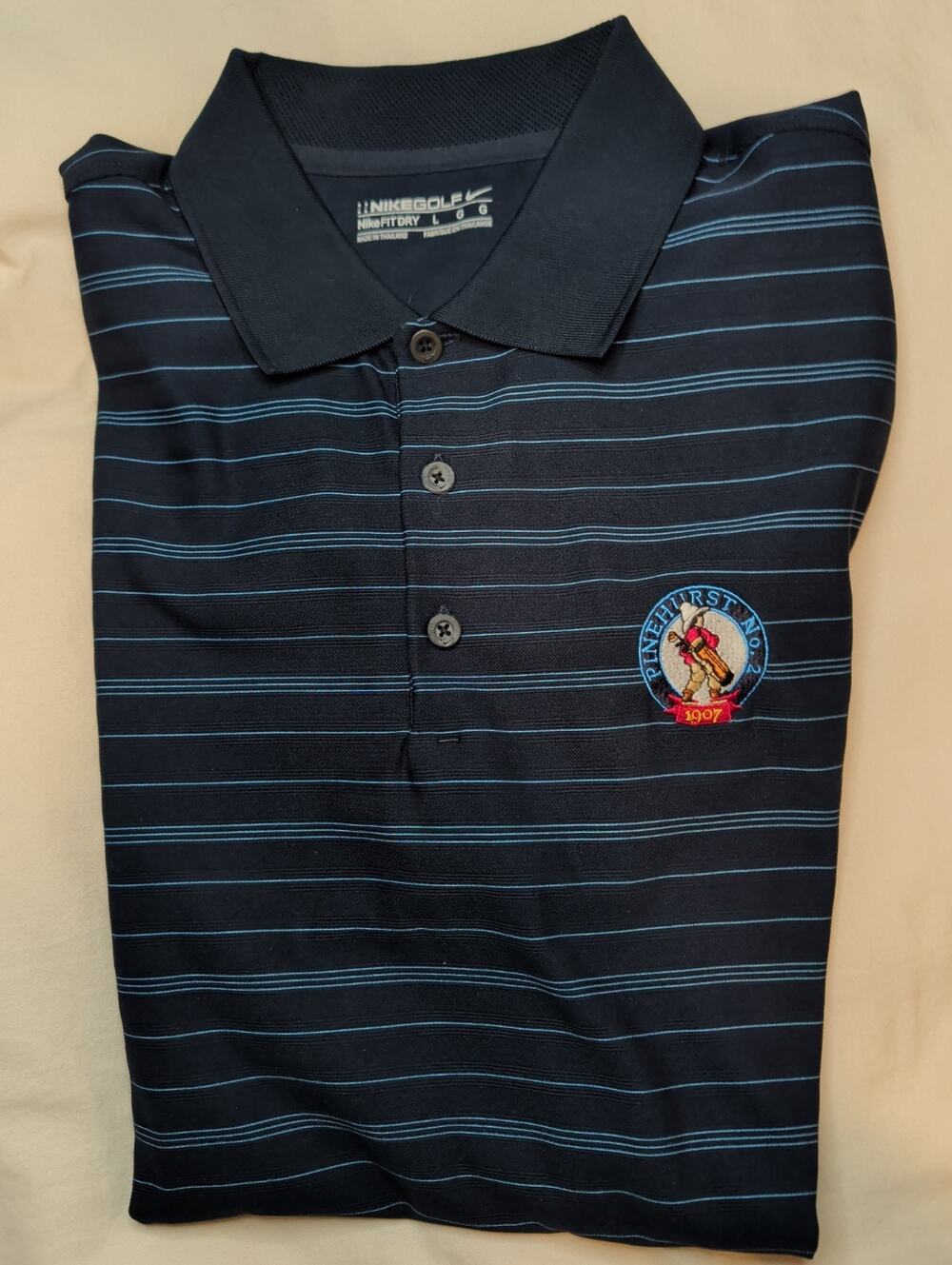 Nike Golf Shirt Mens L Large Blue Striped Pinehurst No 2 Putterboy Polo Dri-FIT